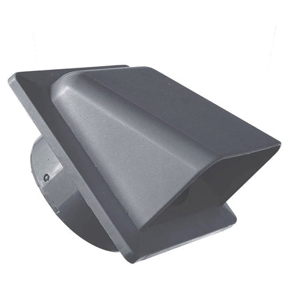 Graphite louvre vent from side angle with slanted top hood and outlet opening