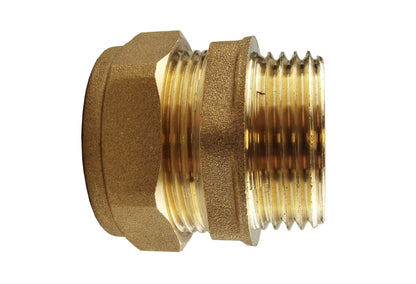 Brass compression straight fitting, 1/2" BSPM threaded end and hex body, 15mm compression