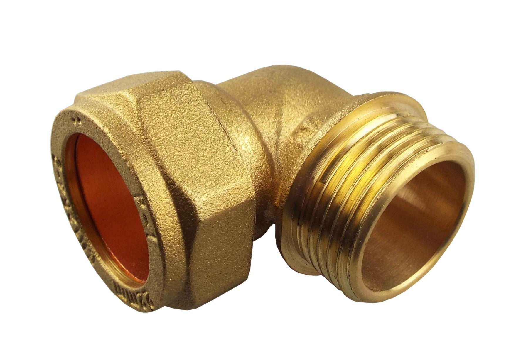 Brass 28mm compression elbow, 1" BSPM with threaded ends