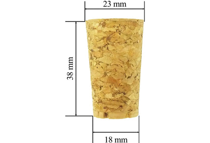 Tapered cork cylinder dimensions: 23 mm wide, 18 mm narrow, 38 mm tall