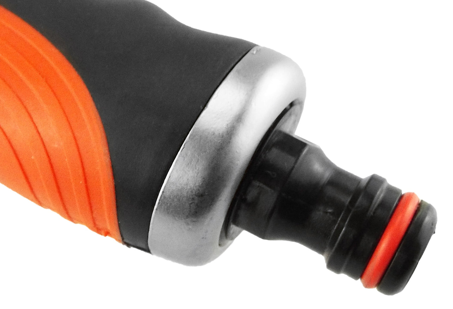 Nozzle handle close-up with orange grip and black hose connection ring