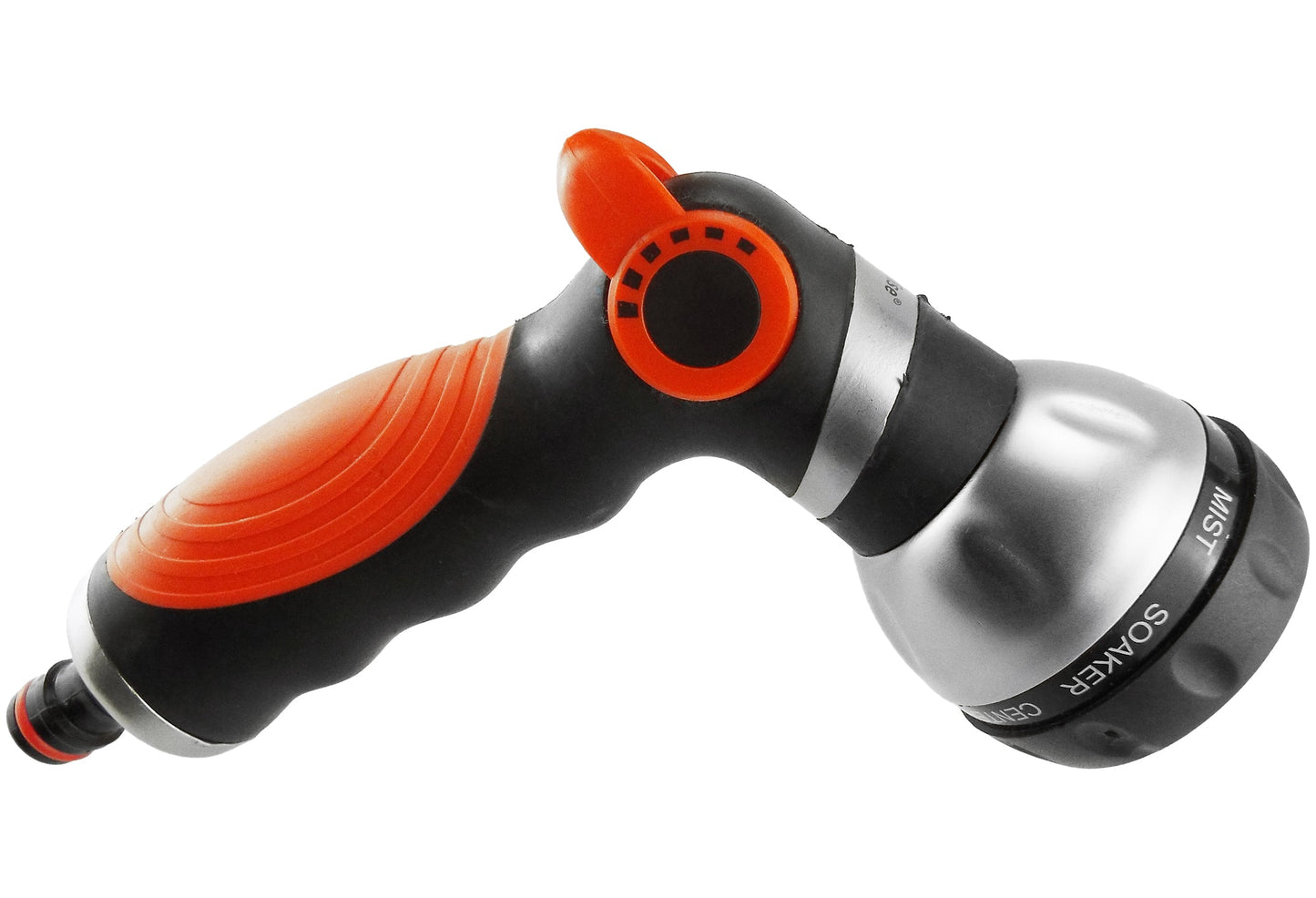 Orange dial and black nozzle head on multi-pattern hose water sprayer, close-up