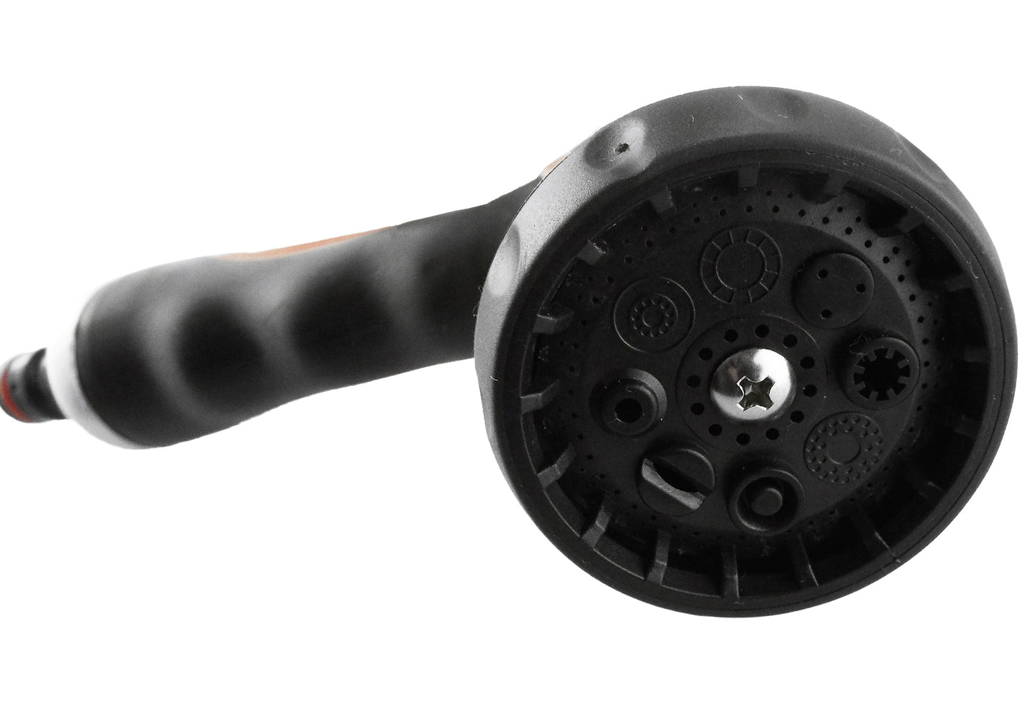 Sprayer nozzle face with multiple pattern holes and center screw detail, black