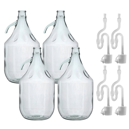 5L glass demijohn set of 4 with plain bodies, airlocks and bungs, clear bottles
