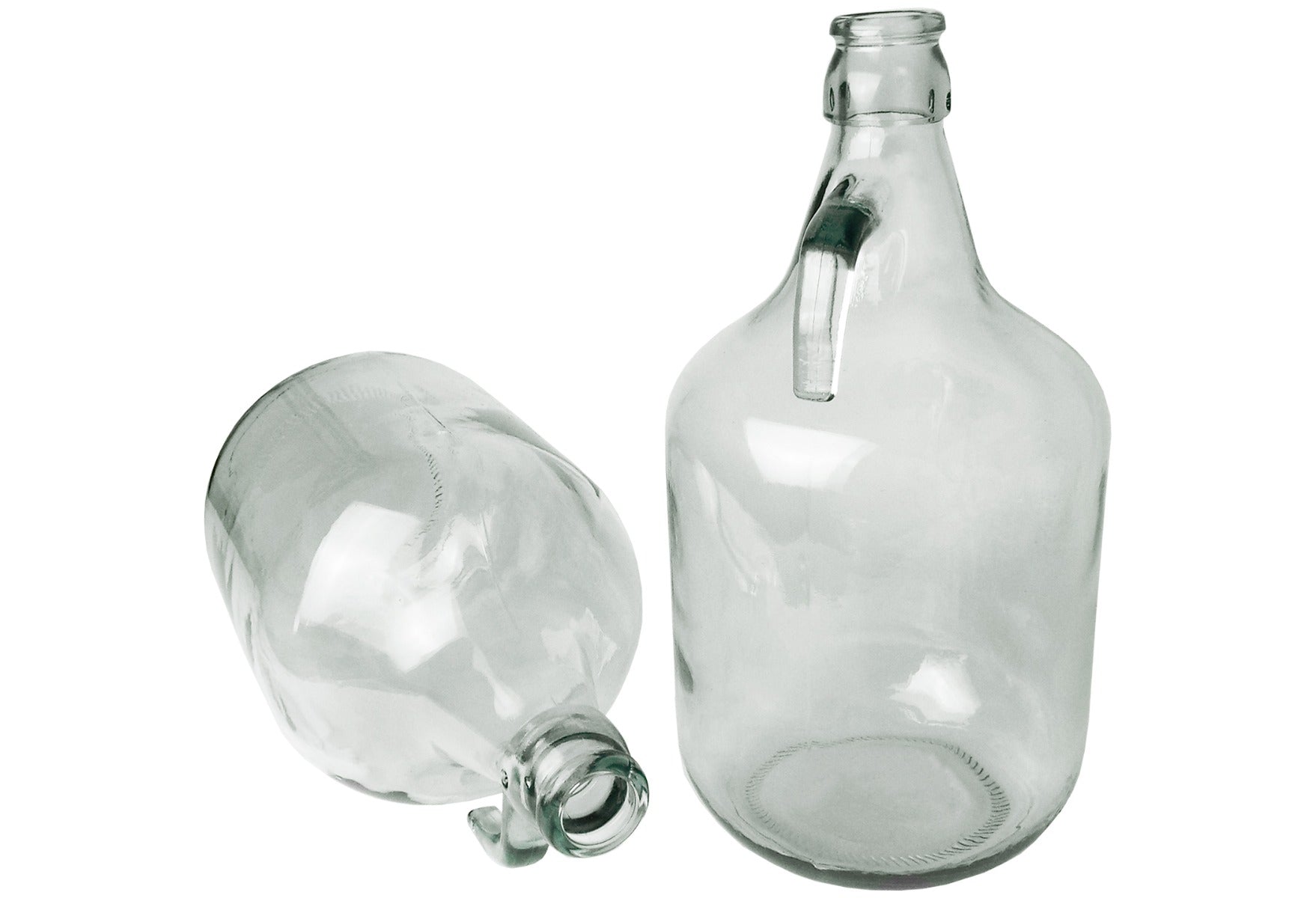 2x 5L Glas-Demijohn, klar, eine stehend und eine liegend, mit Griff