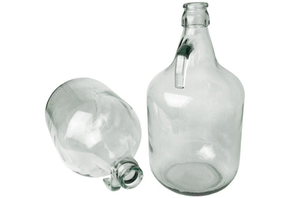 2x 5L Glas-Demijohn, klar, eine stehend und eine liegend, mit Griff