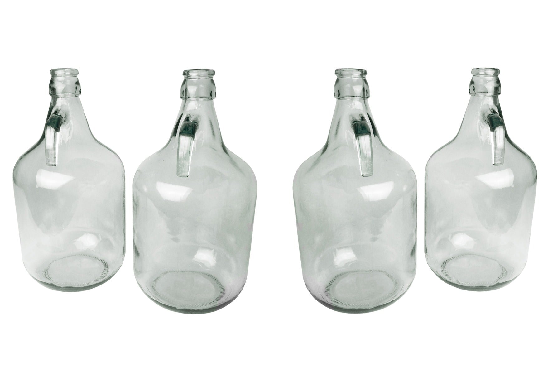 Clear 5L glass demijohns, plain bottles with neck handles, set of four
