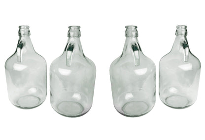 Clear 5L glass demijohns, plain bottles with neck handles, set of four