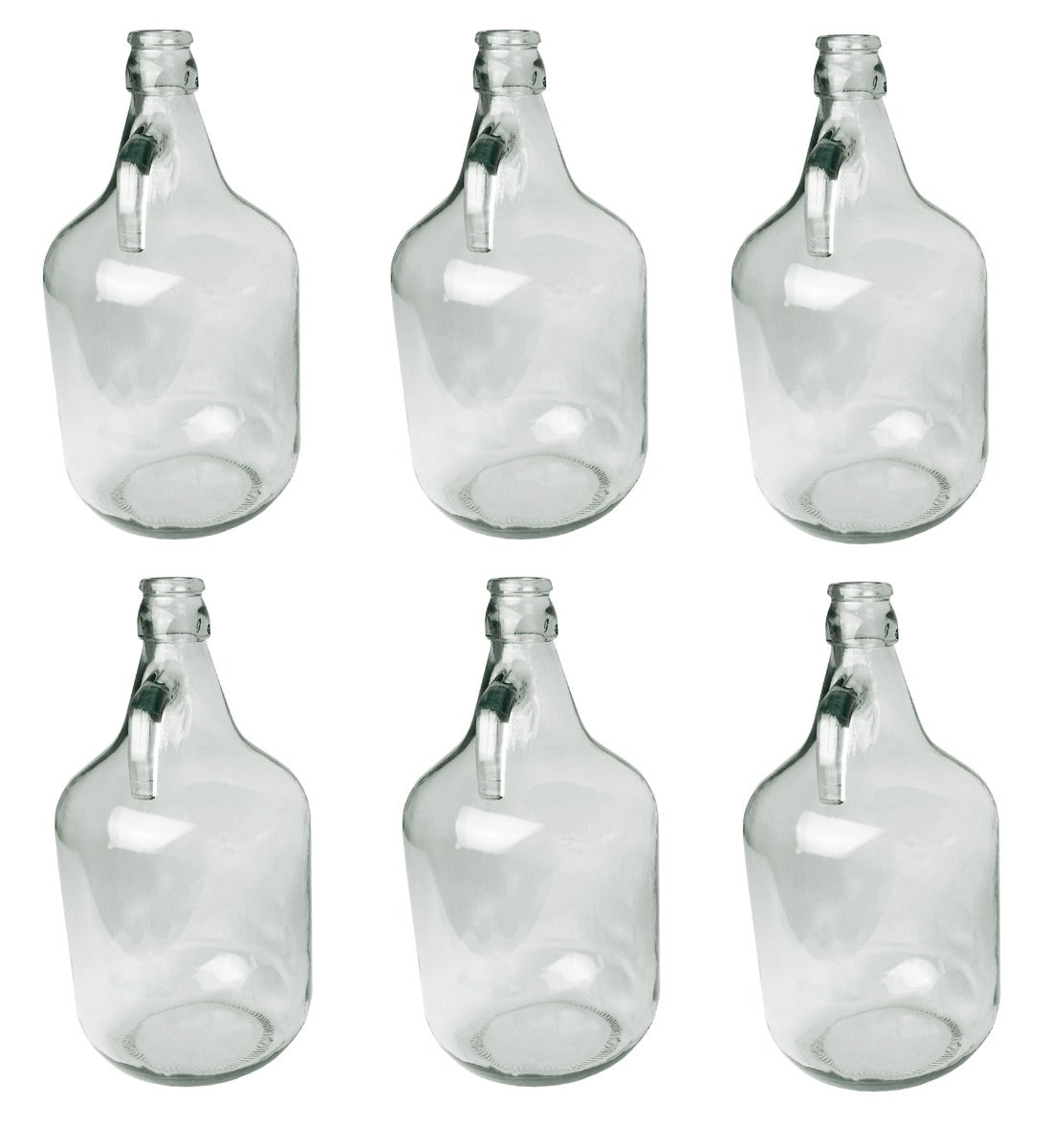 Set of 6 clear 5L glass demijohn bottles with pouring necks and handles