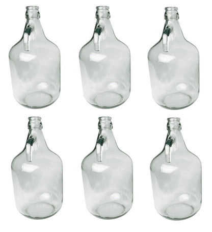 Set of 6 clear 5L glass demijohn bottles with pouring necks and handles