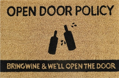 Open Door Policy doormat with wine bottle icons and 'Bring wine & we'll open the door'