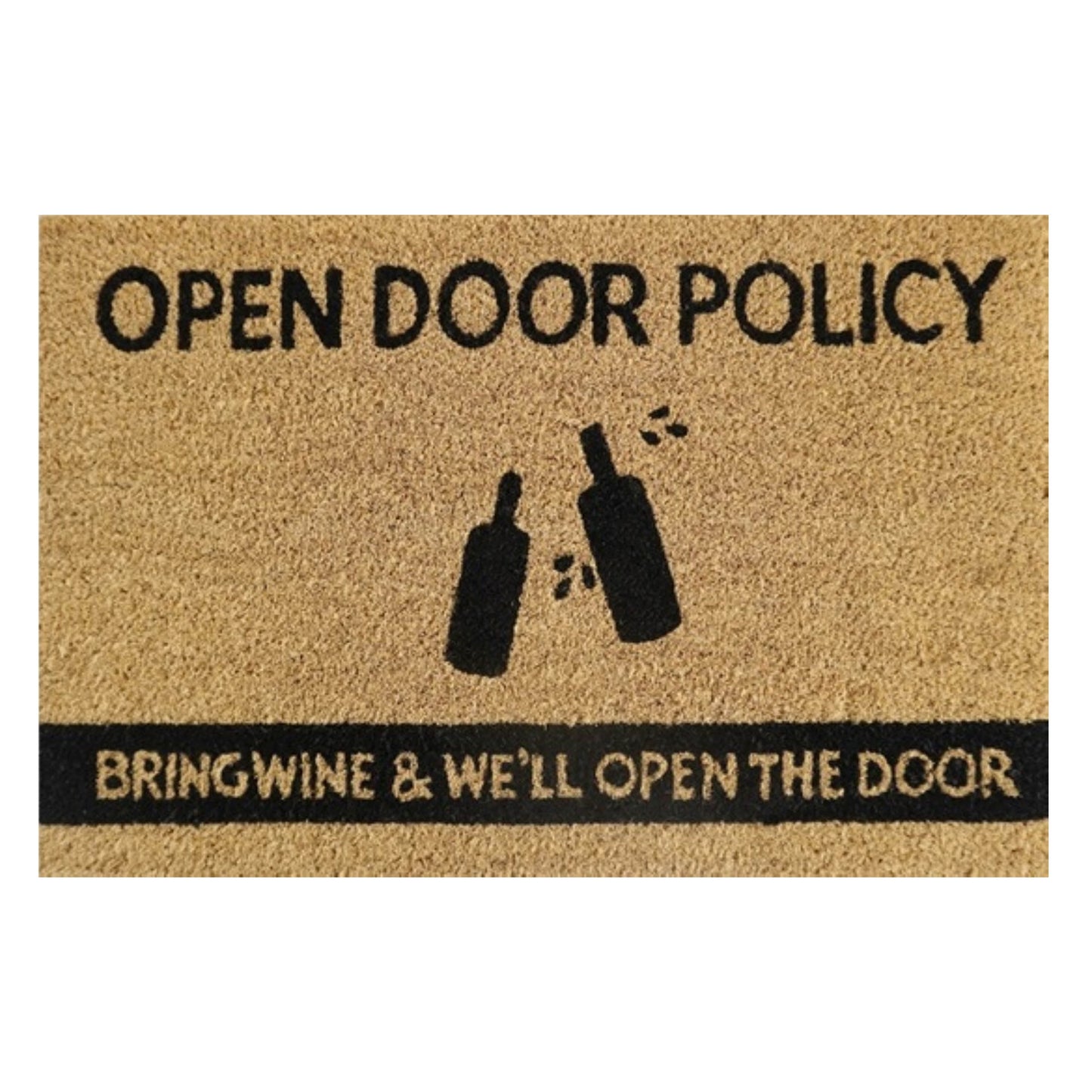 Open Door Policy doormat: wine bottles and 'Bring wine & we'll open the door'