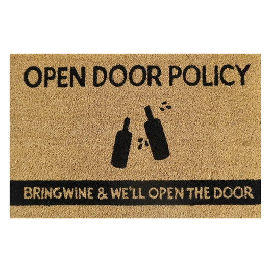 Open Door Policy doormat: wine bottles and 'Bring wine & we'll open the door'
