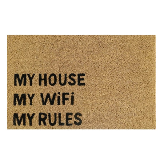Doormat 60x40 cm with 'My House My WiFi My Rules' text in black