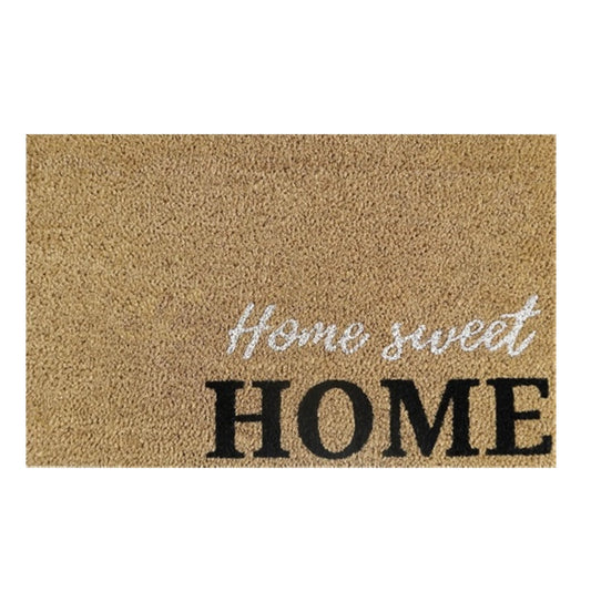 Tan doormat with “Home sweet Home” text and bold black “HOME” lettering