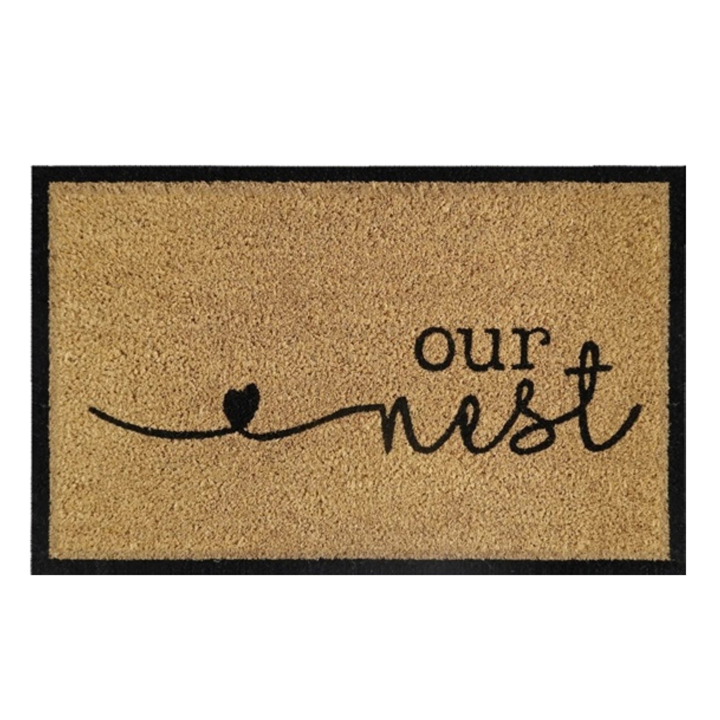 Doormat 60x40 cm “Our Nest” beige coir with black heart and script text