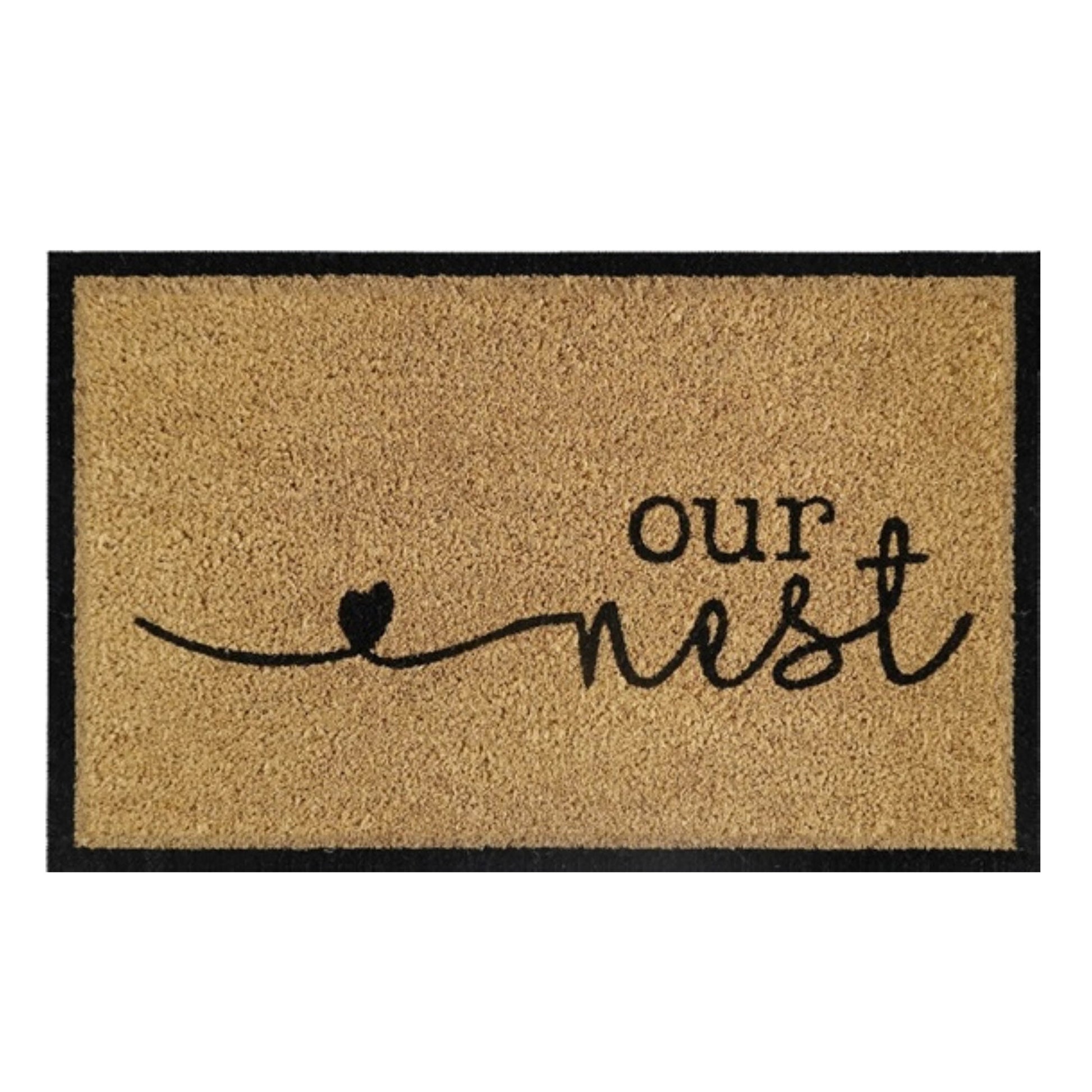 Doormat 60x40 cm “Our Nest” beige coir with black heart and script text