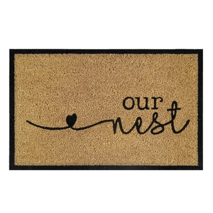 Doormat 60x40 cm “Our Nest” beige coir with black heart and script text