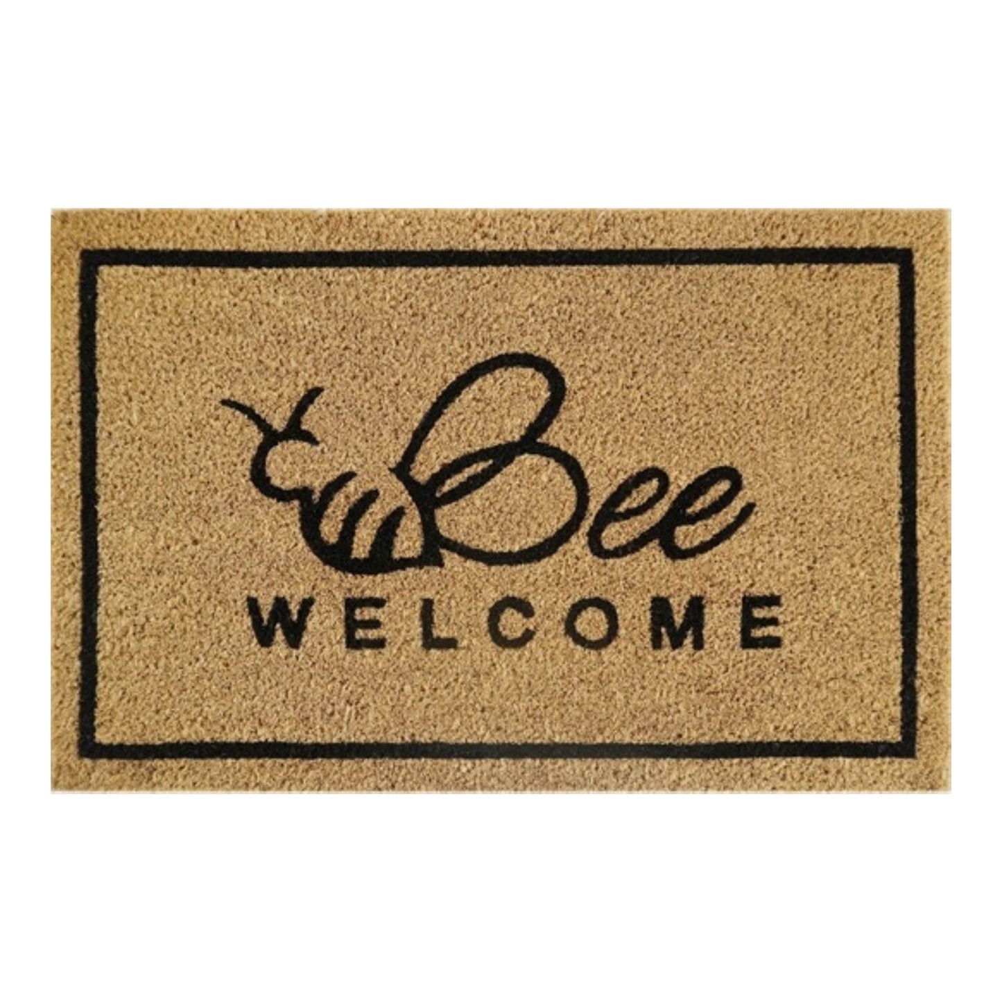 Bee Welcome coir doormat, black border with bee and welcome text on tan