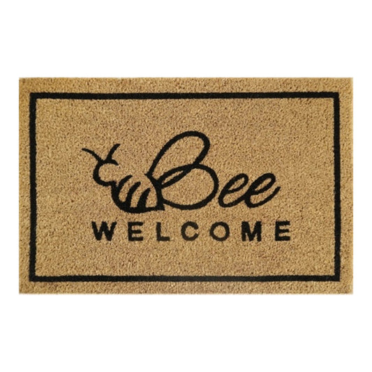 Bee Welcome coir doormat, black border with bee and welcome text on tan