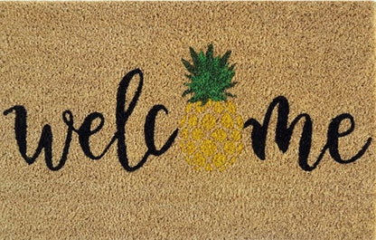 Beige coir doormat with 'Welcome' text and pineapple graphic