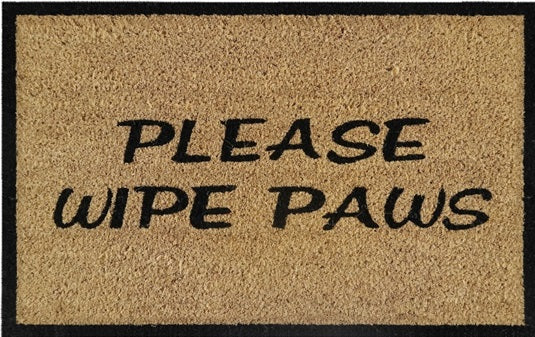 Tan coir doormat with "Please Wipe Paws" lettering in black, rectangular shape