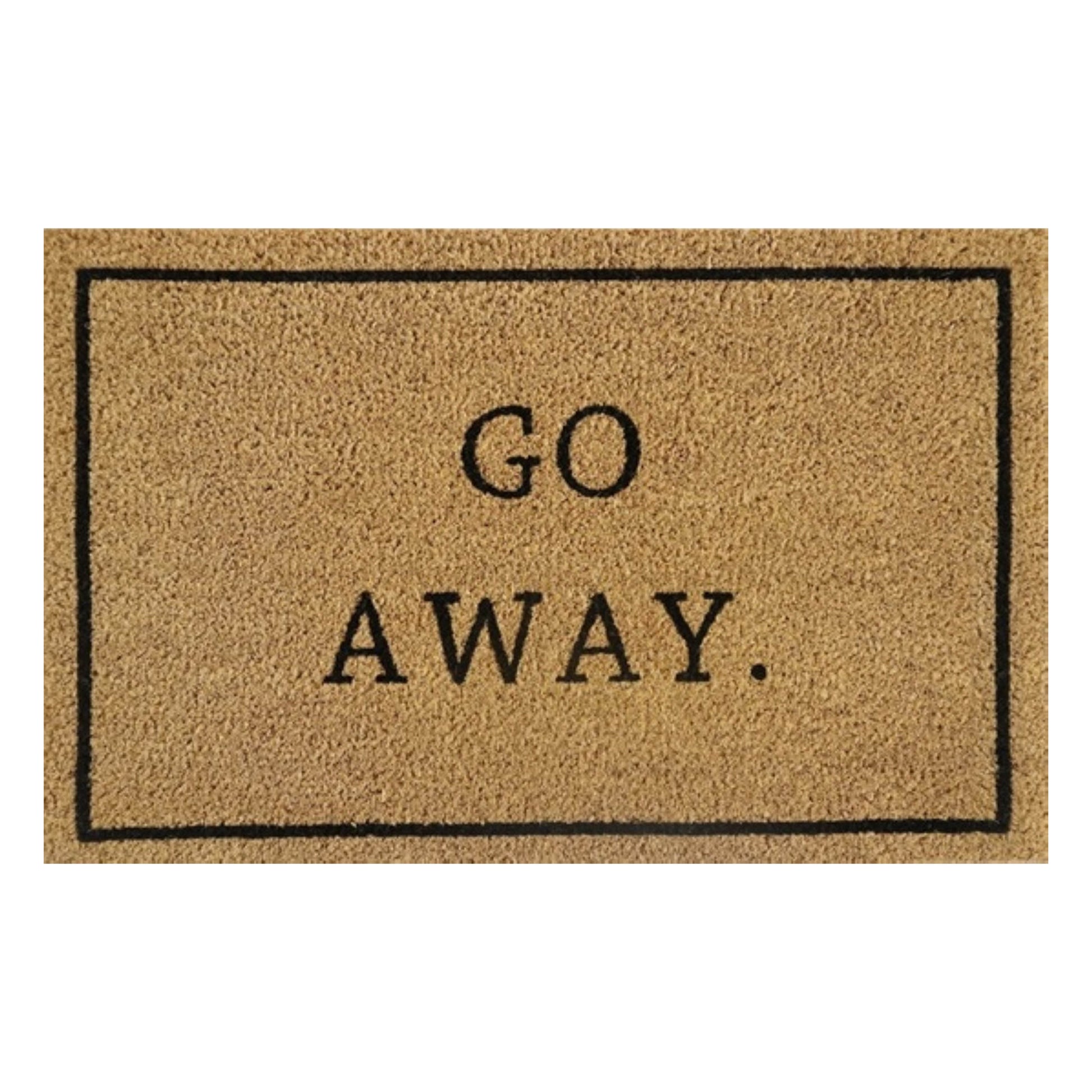 Braune Fußmatte mit Schriftzug „Go Away.“ und schwarzem Rahmen