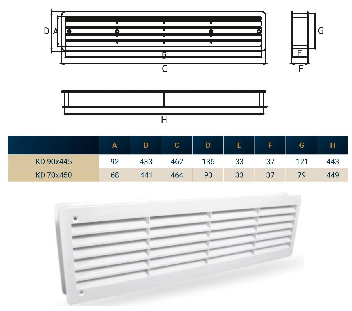 KD 90x445 door louvre vent size diagram with key measurements