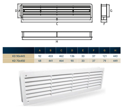 KD 90x445 door louvre vent size diagram with key measurements