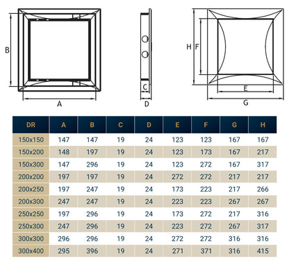 Access panel door PP dimension table includes 200x200mm values A–H for fitment