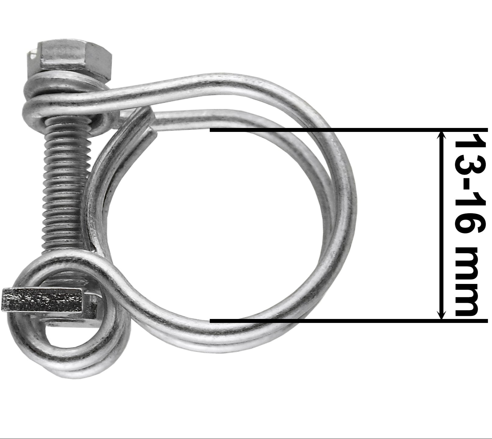 Double wire hose clamp, galvanised steel, 13–16 mm (dimension shown)