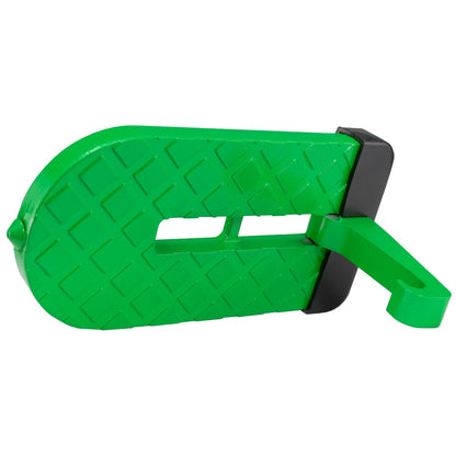 Green car door step Type A with textured traction surface, latch slot, black base