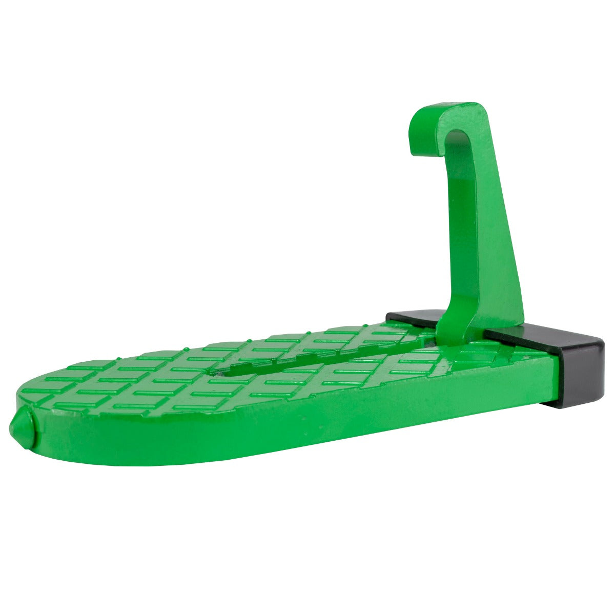Green Type A car door step front view with upright handle and black base mount