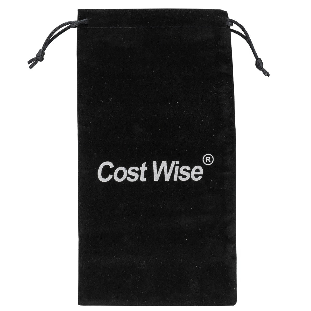 Black fabric storage pouch with Cost Wise logo and drawstring cords
