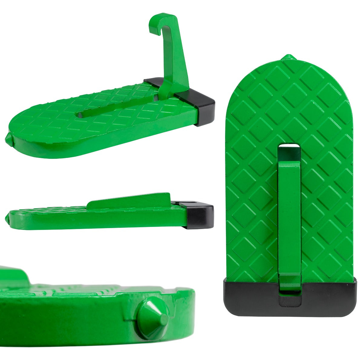 Green Type A car door step with handle support and ribbed textured foot