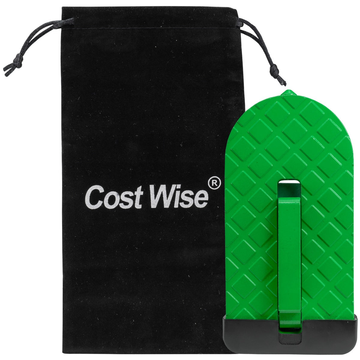 Green car door step with black drawstring pouch, textured foot and upright handle