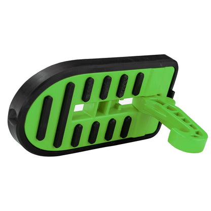 Green car door step type C with black anti-slip ridges and side handle