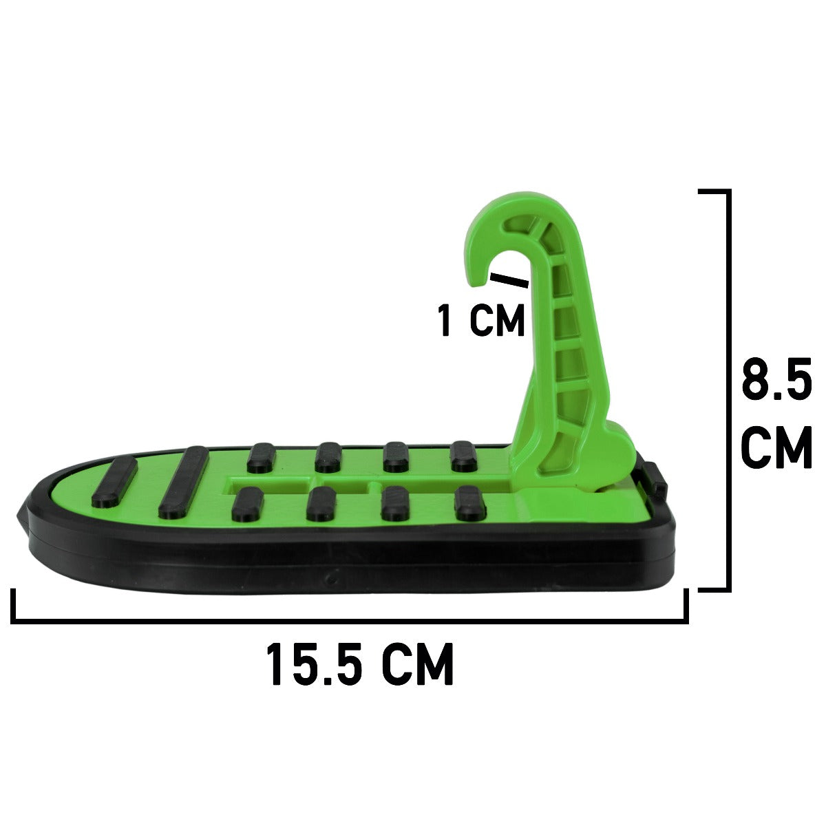 Green car door step type C with black grip pads, 15.5 x 8.5 cm