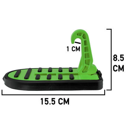 Green car door step type C with black grip pads, 15.5 x 8.5 cm