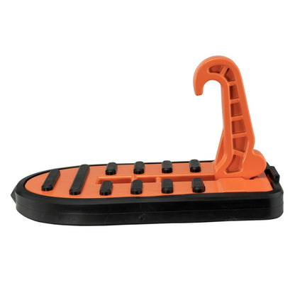 Orange car door step Type C, close side angle with black rubber tread