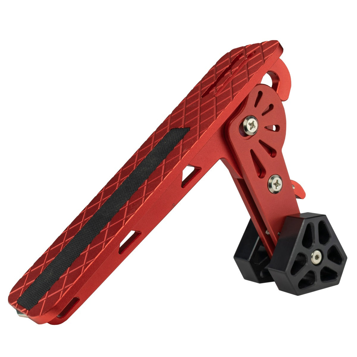 Orange car door step Type E with black traction pads and metal pivot bracket