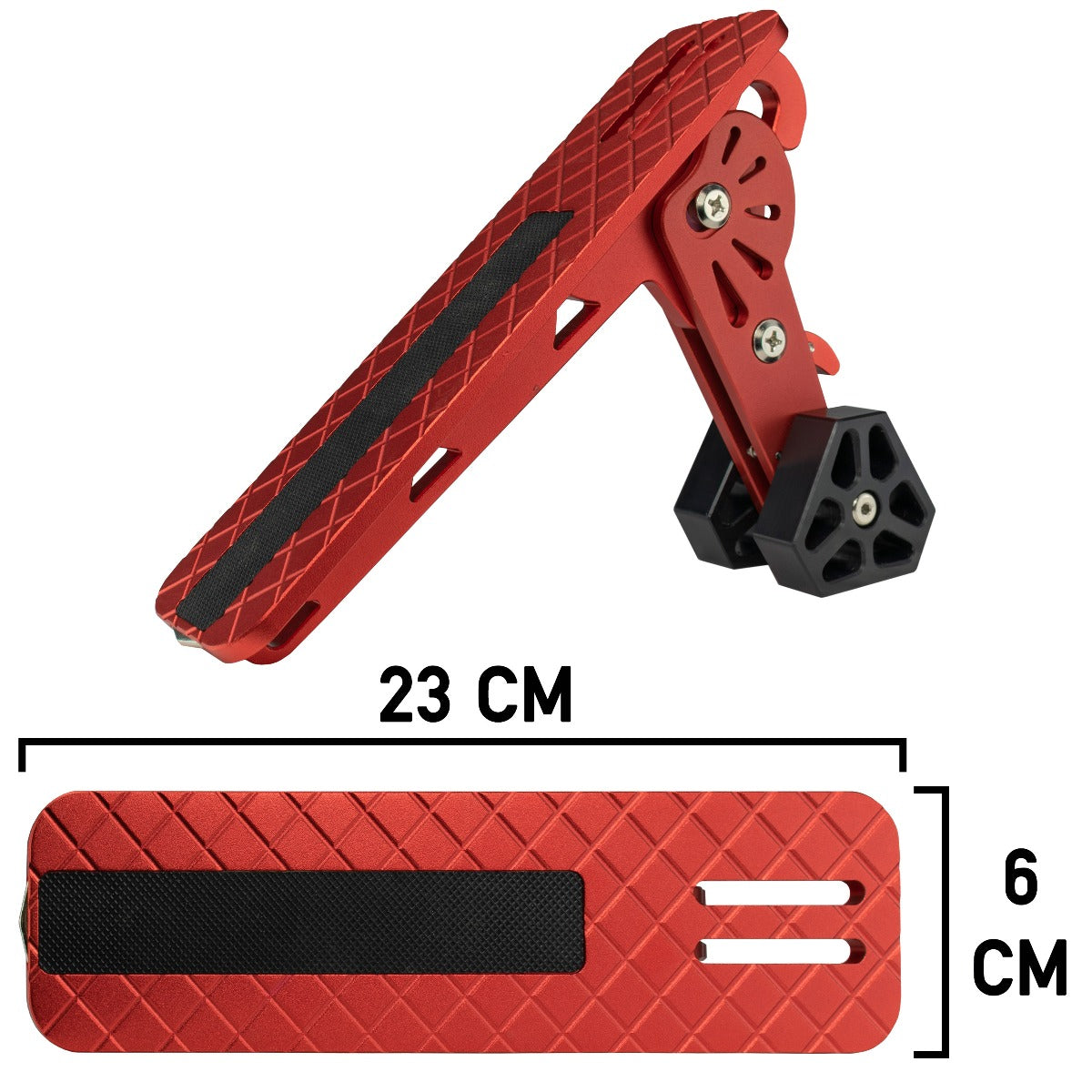 Orange car door step Type E with black traction pads and adjustable metal hinge