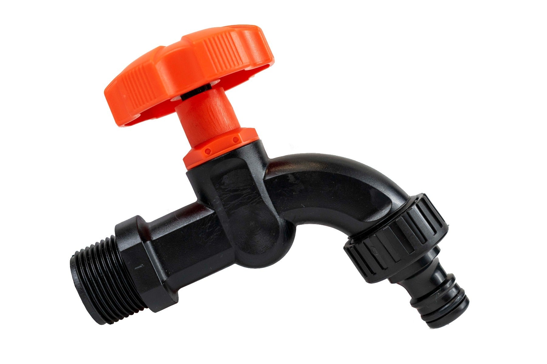 Black plastic quick connect tap fitting with orange lever and angled hose outlet