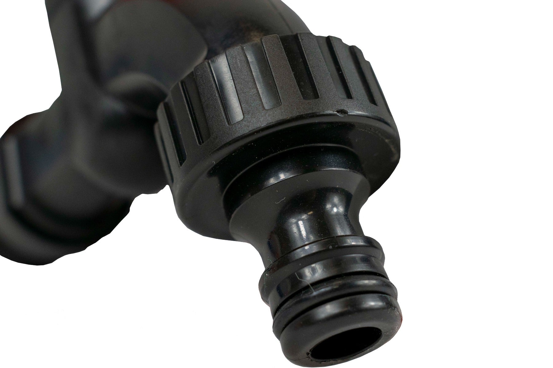 Black quick connect collar with ribbed grip and hose outlet end