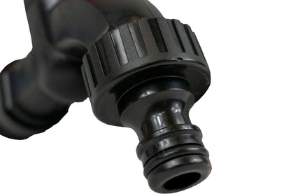 Black quick connect collar with ribbed grip and hose outlet end