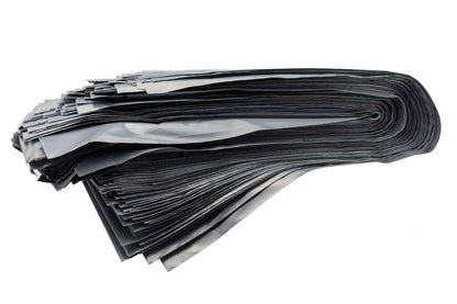 Stack of gray poly mailing bags with black seal edges
