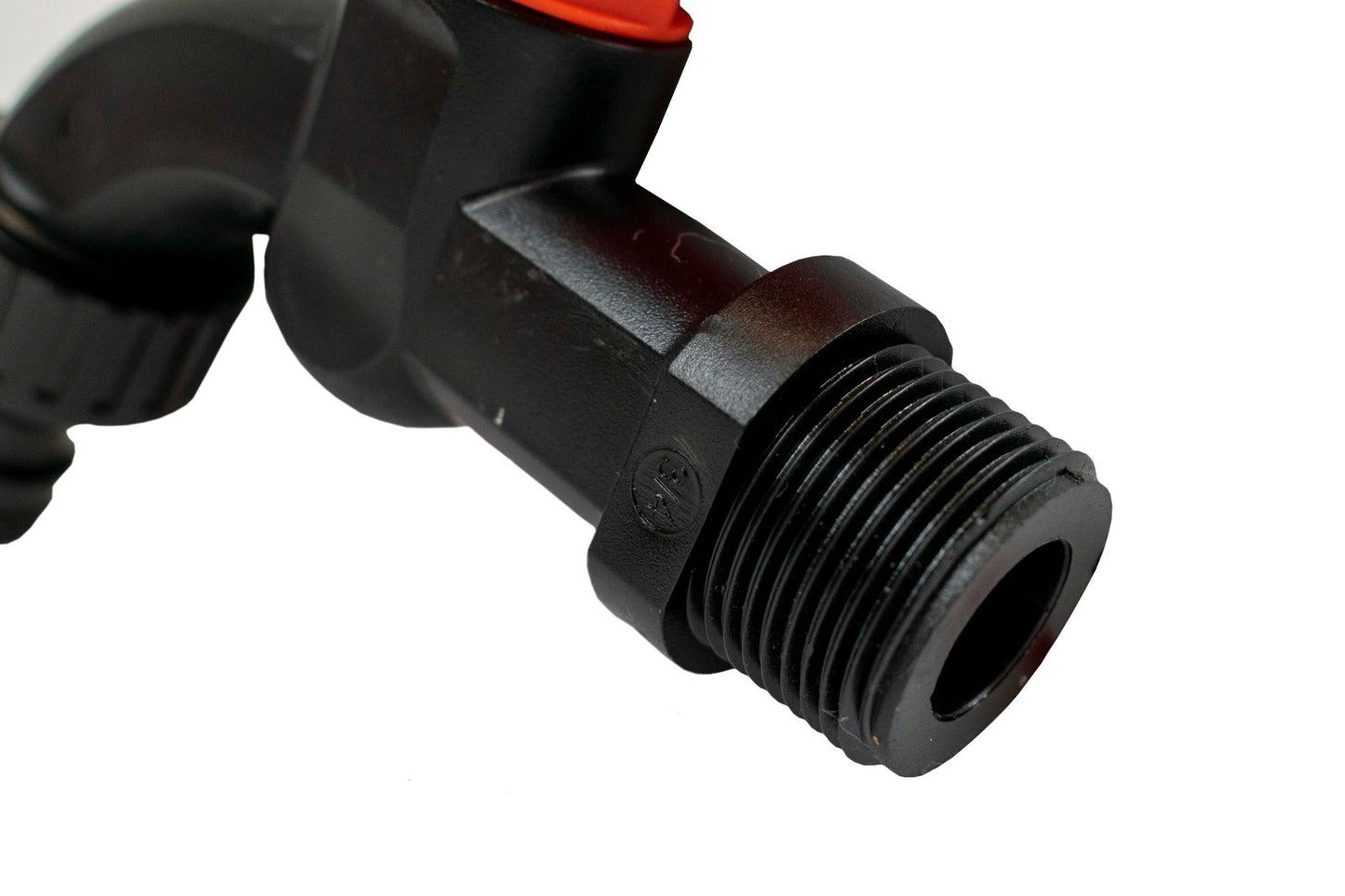 Black quick connect fitting with threaded connection and release housing detail