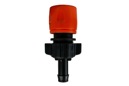 Female hose connector with male 13mm barb, orange and black plastic fitting