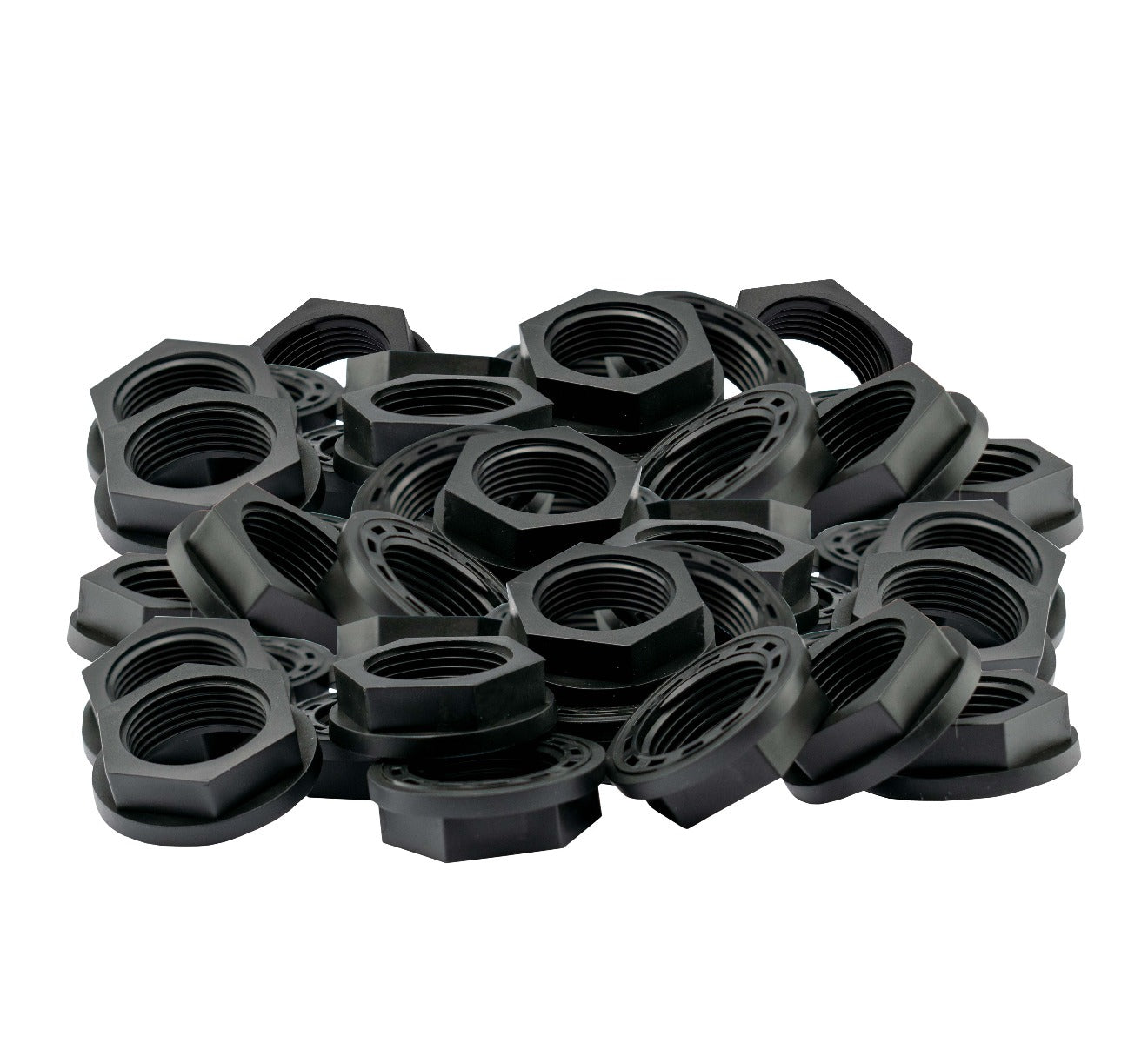 3/4" BSPF back nut and washer set, hex head, black, stacked view