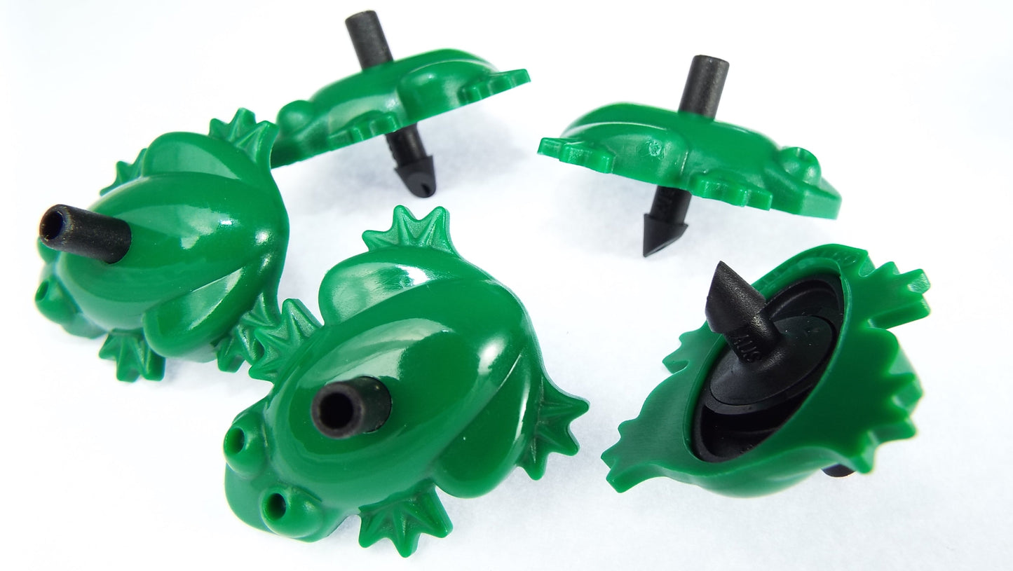 Frog drip irrigation dripper, green plastic with black inlet and outlets